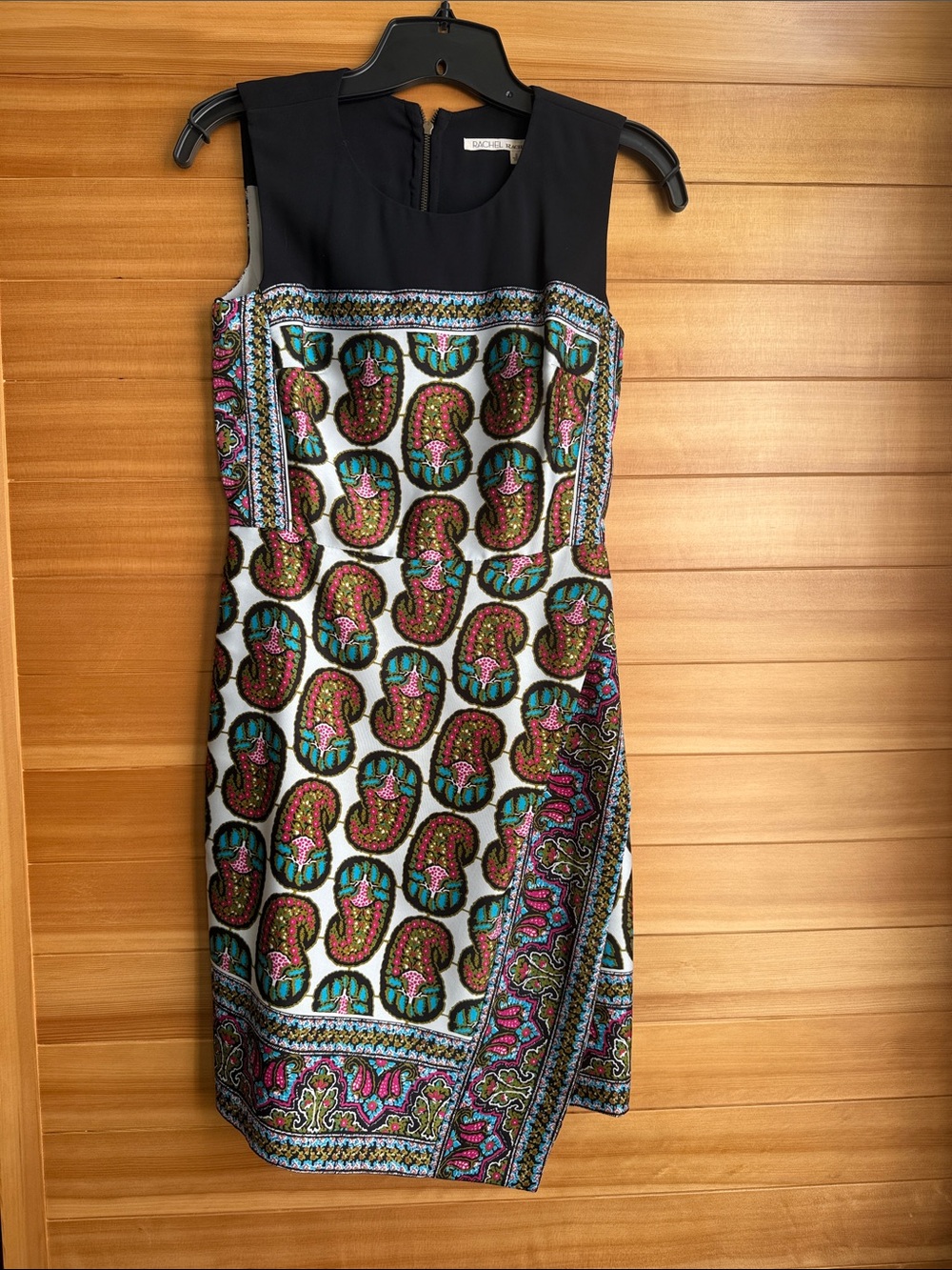RACHEL Rachel Roy Black with Teal and Pink Paisley Sheath Mini Dress
